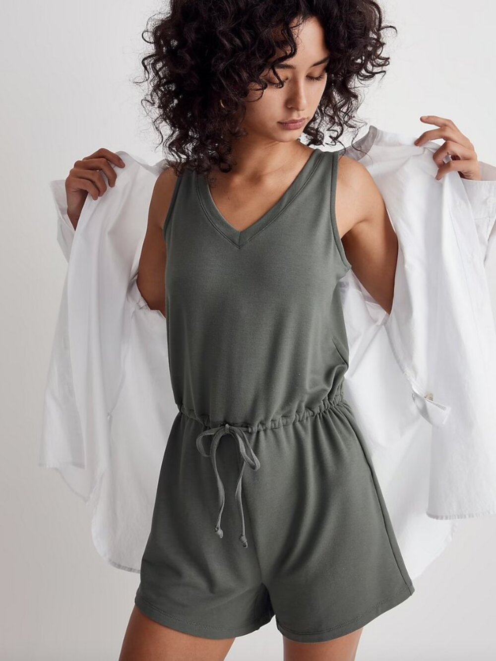 Madewell Drawstring Soft Modal Sleeveless Romper in Green Loungewear Size S